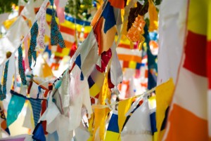 Colorful Buddhist flags hung on the sacred Bodhi tree